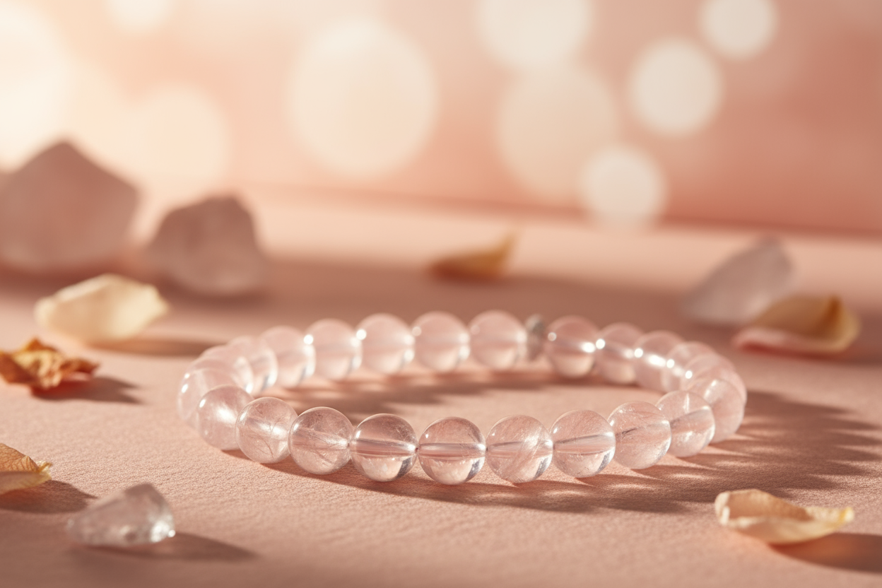 A ROSE QUARTZ BRACELETS ON AROSE QUARTZ TONE WITH BEUTIFUL  BACK GROUND