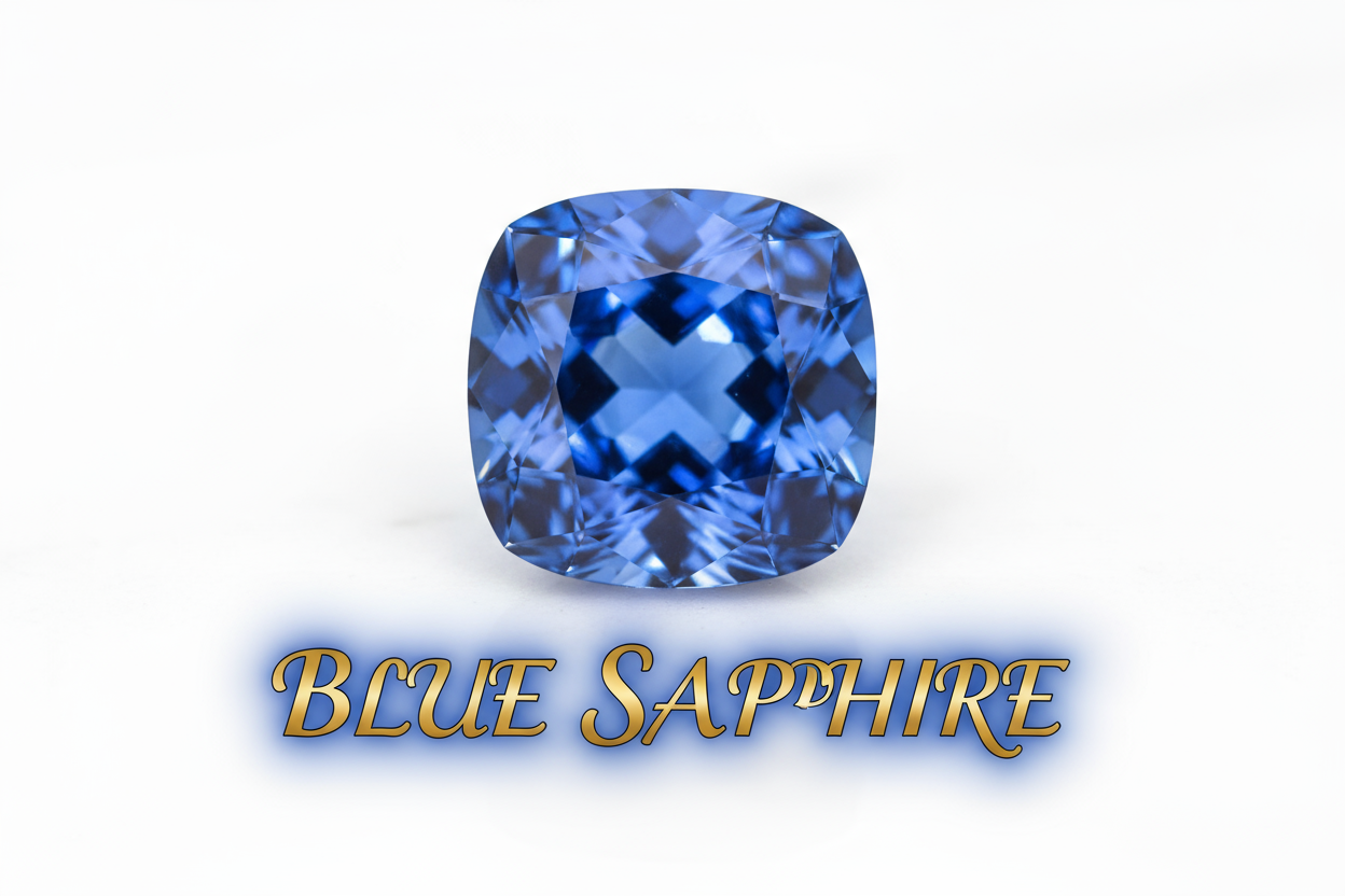 BLUE SAPHARE STONE WITH WHITE BACGROUND AND STONE NAME HIGHLITED UNDER IT