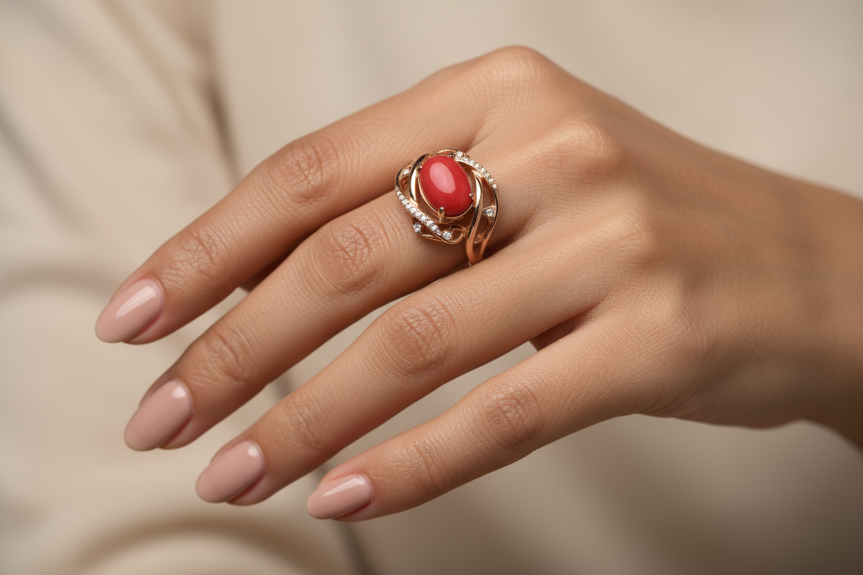 GIRL HAND WITH RED CORAL RING ON ANAMIKA