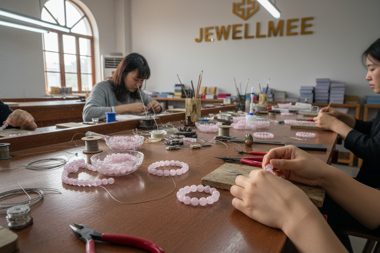 IMAGE LIKE ROSE QUARTZ BRACLETS MKING IN JEWLELLMEE FACTORY