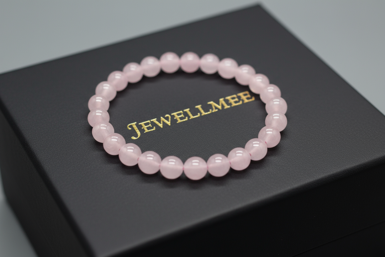 ROSE QUARTZ BRACELET ON A BLACK BOX WITH BRAND NAMED JEWELLMEE