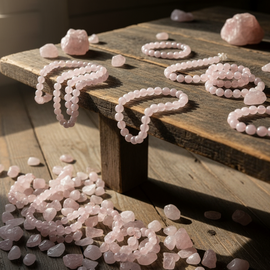 ROSE QUARTZ BRACLETS ON A WODEN TOP WITH SMALL ROSE QUARTS STONE ON THE FLOOR