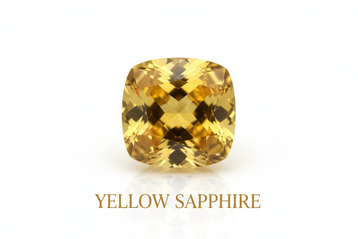 YELLOW SAPHARE STONE WITH WHITW BACKGROUND AND MENTIONE THE STONE NAME UNDER THE STONE